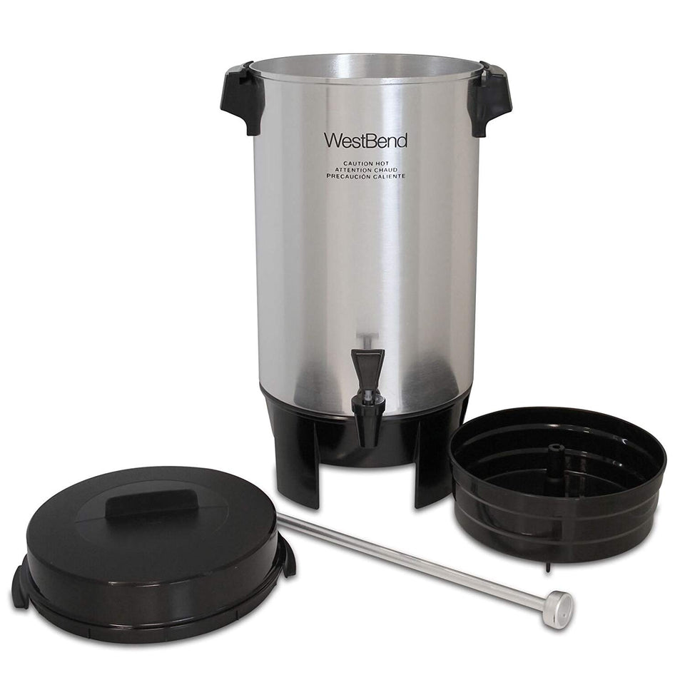 West Bend 58002 Highly Polished Aluminum Commercial Coffee Urn Features Automatic Temperature Control Large Capacity with Quick Brewing Easy Prep and Clean Up 42 Cup Silver
