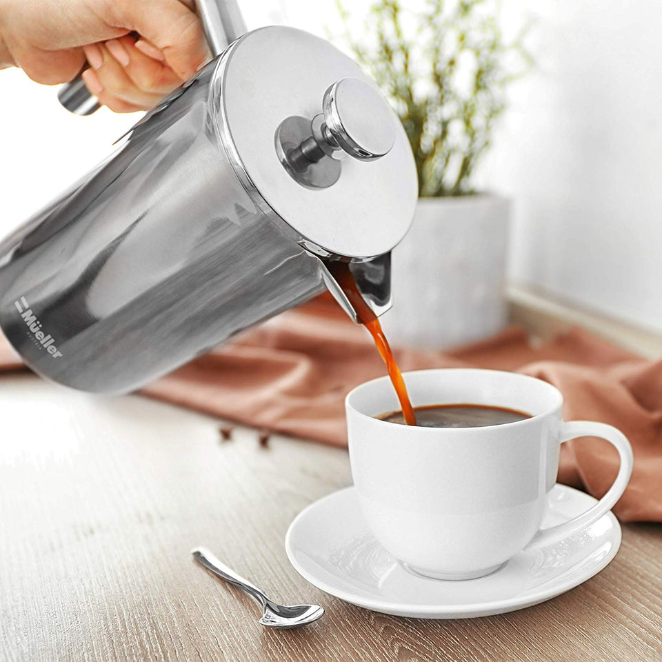 French Press Double-Wall Stainless Steel Mirror Finish (34oz) 20% Heavier Duty Coffee/Tea Maker: Multi-Screen System 100% No Coffee Grounds Guarantee, 18/10 Stainless Steel, Rust-Free, Dishwasher Safe