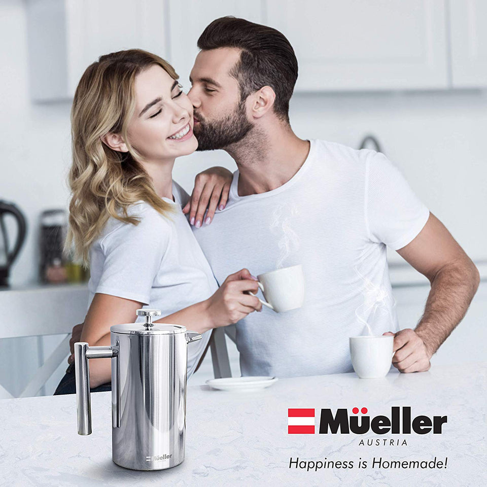 French Press Double-Wall Stainless Steel Mirror Finish (34oz) 20% Heavier Duty Coffee/Tea Maker: Multi-Screen System 100% No Coffee Grounds Guarantee, 18/10 Stainless Steel, Rust-Free, Dishwasher Safe