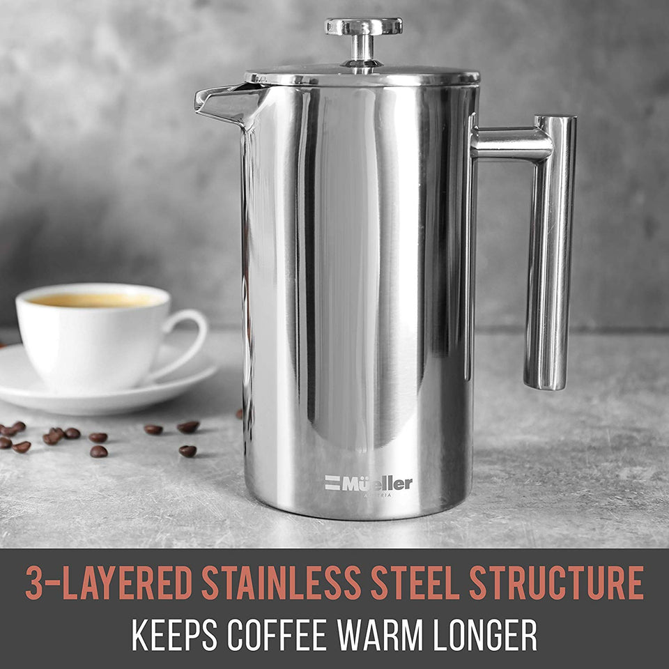 French Press Double-Wall Stainless Steel Mirror Finish (34oz) 20% Heavier Duty Coffee/Tea Maker: Multi-Screen System 100% No Coffee Grounds Guarantee, 18/10 Stainless Steel, Rust-Free, Dishwasher Safe