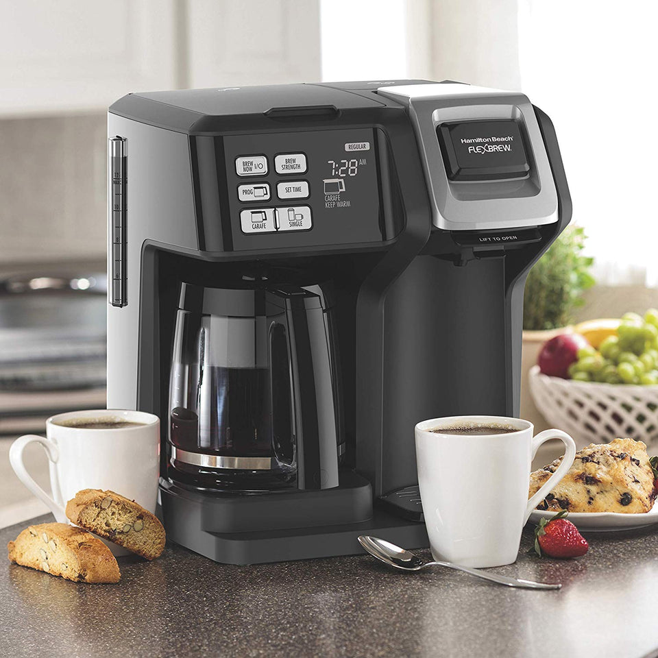 Hamilton Beach (49976) FlexBrew Coffee Maker, Single Serve & Full Coffee Pot, Compatible with Single-Serve Pods or Ground Coffee, Programmable, Black
