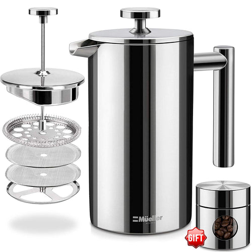 French Press Double-Wall Stainless Steel Mirror Finish (34oz) 20% Heavier Duty Coffee/Tea Maker: Multi-Screen System 100% No Coffee Grounds Guarantee, 18/10 Stainless Steel, Rust-Free, Dishwasher Safe