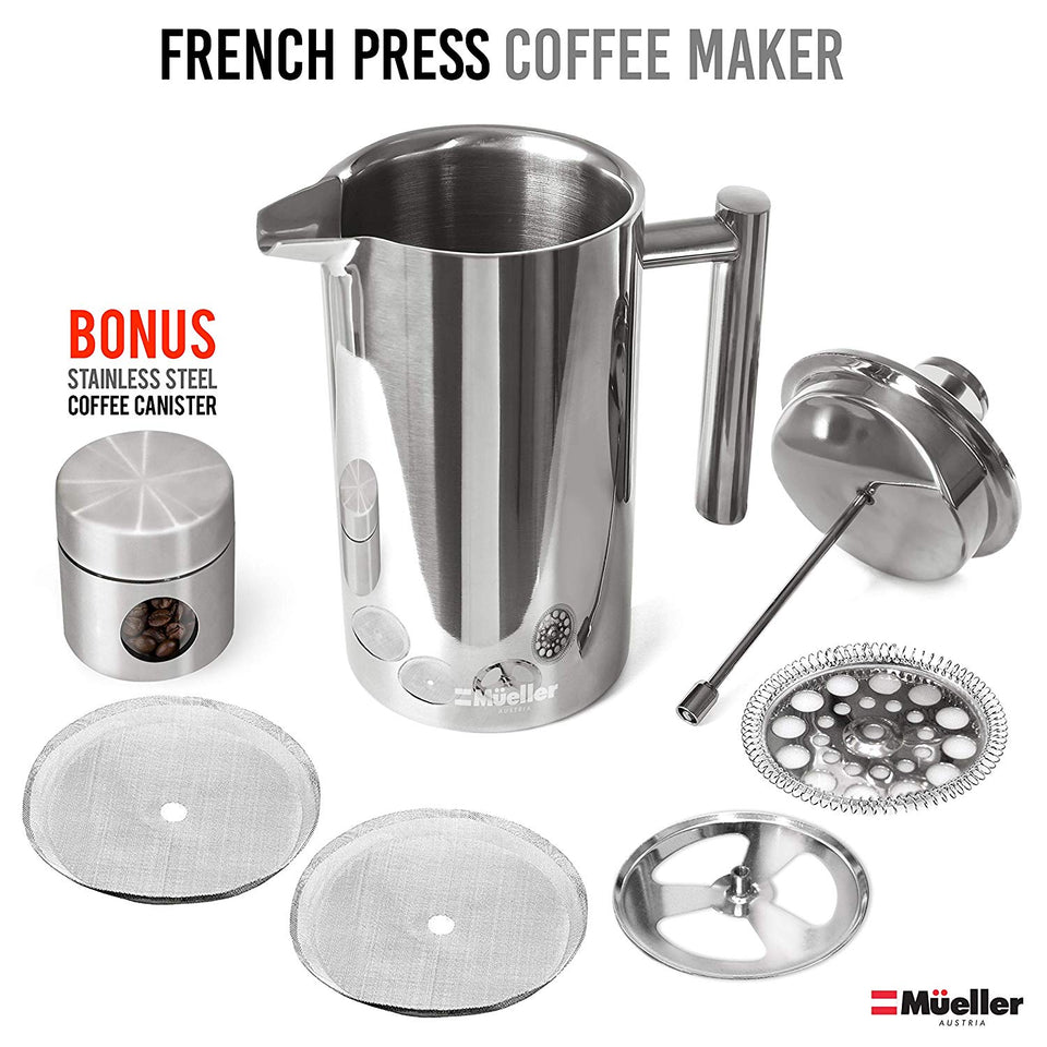 French Press Double-Wall Stainless Steel Mirror Finish (34oz) 20% Heavier Duty Coffee/Tea Maker: Multi-Screen System 100% No Coffee Grounds Guarantee, 18/10 Stainless Steel, Rust-Free, Dishwasher Safe