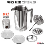 French Press Double-Wall Stainless Steel Mirror Finish (34oz) 20% Heavier Duty Coffee/Tea Maker: Multi-Screen System 100% No Coffee Grounds Guarantee, 18/10 Stainless Steel, Rust-Free, Dishwasher Safe