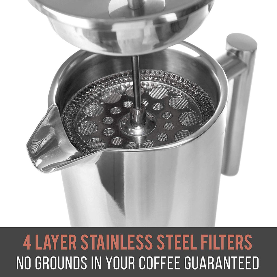 French Press Double-Wall Stainless Steel Mirror Finish (34oz) 20% Heavier Duty Coffee/Tea Maker: Multi-Screen System 100% No Coffee Grounds Guarantee, 18/10 Stainless Steel, Rust-Free, Dishwasher Safe