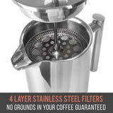French Press Double-Wall Stainless Steel Mirror Finish (34oz) 20% Heavier Duty Coffee/Tea Maker: Multi-Screen System 100% No Coffee Grounds Guarantee, 18/10 Stainless Steel, Rust-Free, Dishwasher Safe